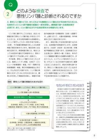5
Q
どのような検査で
悪性リンパ腫と診断されるのですか2
A．悪性リンパ腫かどうか、またどのような種類のリンパ腫なのかを診断するためには、
生検を行ってリンパ節や腫瘍の組織の一部を採取し、顕微鏡で調べる病理診断が
必須です。また、リンパ腫の広がりや全身状態をみる検査も行います。
悪性リンパ腫の検査の大まかな流れ図表2
リンパ節（腫瘍）生検+病理検査
リンパ節の腫れ・しこりなど、悪性リンパ腫の疑い
セカンドオピニオンとは？
　担当医から説明された診断や治療方針に納
得がいかないとき、さらに情報がほしいとき
には、別の医師に意見を求める「セカンドオ
ピニオン」を利用する方法があります。セカ
ンドオピニオンを受けたいときには、担当医
に紹介状や検査記録、画像データなどを用意
してもらう必要があります。利用にあたって
は担当医のファーストオピニオンをまずはし
っかり聞くこと、セカンドオピニオンの内容
は担当医に伝え、もう一度治療方針について
よく話し合うことが大切です。
　セカンドオピニオン外来のある病院の情報
は、近隣のがん診療連携拠点病院の相談支援
センターで得られます。予約が必要、あるい
は有料の病院が多いので、セカンドオピニオ
ンを受ける病院には事前に受診方法と費用を
確認しましょう。
胞や組織を調べる骨髄穿刺（生検）も重要で
す。必要に応じて、大腸内視鏡検査、MRI検
査などを行う場合があります。
　また、病気の勢いや全身状態を調べるため
には、血液検査や尿検査を行います。血液検
査では、白血球・赤血球・血小板の数、肝機
能や腎機能などを調べます。血液検査でわか
る血清LDH（酵素の一種）の値は、体内の
リンパ腫細胞の量をみる重要な指標です。肝
炎ウイルス、ヒトTリンパ球向性ウイルスⅠ
型（HTLV-1）などが診断や治療方針に重要
になることもあるので、感染の有無も調べま
す。悪性リンパ腫は全身に広がっているおそ
れがあり、治療方針を決めるためには、この
ように複数の検査によってリンパ腫の広がり
や全身状態を知ることが重要です。
　リンパ節に腫れやしこりがある、あるいは
健康診断で悪性リンパ腫の疑いがあるとされ
たときには、まずは局所麻酔か全身麻酔をし
てリンパ節やしこりの一部を手術で採取し
（生検）、その組織を顕微鏡で詳しくみる病理
検査で確定診断を行います。確定診断には生
検が必須です。病理検査の際には、場合によ
っては染色体や遺伝子の検査を行い、悪性リ
ンパ腫のタイプも診断します（図表２）。
　その結果、悪性リンパ腫だとわかったとき
には、胸部レントゲン検査、全身CT（コン
ピュータ断層撮影）検査、PET（陽電子放
射断層撮影）検査、胃の内視鏡検査などを行
い、がんの広がりを調べます。リンパ腫が骨
髄中に広がっていないかをみるためには、腸
骨に針を刺して骨髄液を採取し、骨髄中の細
＜がんの広がりの診断＞
血液検査、胸部レントゲン検査、全身CT検査、
骨髄検査（骨髄穿刺・生検）、PET検査、胃の内視鏡検査
確定診断（悪性リンパ腫のタイプの診断）
大腸内視鏡検査、MRI検査
＜全身状態を調べる検査＞
血液検査、尿検査、心電図検査、心臓超音波検査、
血液ガス分析による呼吸機能検査
「悪性リンパ腫　受診から診断、治療、経過観察への流れ」
国立がん研究センターがん情報サービスを参考に作成
 