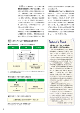 8
「悪性リンパ腫 受診から診断、治療、経過観察への流れ」
国立がん研究センターがん情報サービスを参考に作成
Patient's Voice
　のどに違和感があり病院へ。びまん性大細
胞型B細胞リンパ腫と診断されました。当時
28歳で、いつもと変わらず元気だったのに、い
きなり「来週から抗がん剤です」といわれまし
た。医師から5年生存率が3割の治療法か、副
作用で不妊の可能性のある臨床試験かを選ぶ
ように説明されましたが、どちらも選べなかっ
た。それに、医師がただデータを取りたいだけ
のように感じ、代替療法に走ってしまいました。
　6か月間いろんな代替療法を試しましたが効
かず、とうとう声が出なくなり、息もできない状
態で、近くの病院にかけこみました。そのとき
腫瘍はすでに18cm。肺はつぶれ、気管は
5mmほどしか開いてなく、診察した医師にすご
く叱られました。でもそこで生存率の高い抗が
ん剤と放射線療法を受けることに。担当医が将
来子どもを持ちたい気持ちも理解してくれて
うれしかったです。
　治療を始めてからは腫瘍がどんどん小さく
なるのがわかったので、脱毛や吐き気などの副
作用はつらくなかったです。入院中も体調のい
い日は好きな服を着てメークをして、心まで病
人にならないようにしました。今は生きていて
よかったと心から思うし、以前のように足りない
ところばかりをみるのではなく、自分を認めて
楽しく生きたいと思うようになりました。そうい
う意味では、病気はこれまで経験した中で一番
いい経験だと思えるんです。
（32歳女性・診断から4年目）
2
入院中でもメークをして服を着て
自分の気持ちを上げていました
図表6 非ホジキンリンパ腫の主な治療の流れ
Ⅰ期※１
Ⅲ、Ⅳ期
放射線療法
薬物療法
（抗CD20抗体を含む）※２
または経過観察
2つの病変の
距離が
近い
2つの病変の
距離が
離れている
◆低悪性度B細胞リンパ腫での主な治療選択肢
Ⅱ期
※１ Ⅰ期の胃のMALTリンパ腫ではヘリコバクター・ピロリ菌の除菌が第一選択になります
※２ CD20抗原が陽性の場合
Ⅰ、Ⅱ期 Ⅲ、Ⅳ期
薬物療法
（抗CD20抗体※２
+抗がん剤）
+
放射線療法
薬物療法
（抗CD20抗体※２
+抗がん剤）
◆中悪性度リンパ腫での主な治療選択肢
◆高悪性度リンパ腫での主な治療選択肢
大量薬物療法（抗CD20抗体※２
＋抗がん剤）
とⅣ期では投与回数を増やした薬物療法を中
心に治療します。
　高悪性度の非ホジキンリンパ腫は急激に進
行するので、できるだけ早い段階で大量薬物
療法を開始することが重要です。リンパ芽球
性リンパ腫では、ABVD、R-CHOP、CVP
（p.10）とは異なる強力な薬物療法、バーキ
ットリンパ腫では短期間で別の大量薬物療法
を 行 い ま す。 成 人T細 胞 白 血 病 リ ン パ 腫
（ATL）の場合、患者さんが65歳未満であ
れば、大量薬物療法の後にほかの人から骨髄
か末梢血を提供してもらう同種造血幹細胞移
植（p.11、16）を検討します。
　濾
ろ
胞
ほう
性
せい
リンパ腫やMALTリンパ腫など低
悪性度のB細胞非ホジキンリンパ腫で、Ⅰ期
あるいはⅡ期で2つの病変の距離が近いとき
には、放射線療法で治療するのが標準的です。
Ⅱ期で2つの病変の距離が離れている、ある
いはⅢ期かⅣ期では、薬物療法か経過観察
（p.9）が主流です（図表6）。胃のMALTリ
ンパ腫でⅠ期の場合にはピロリ菌除菌療法が
第一選択になり、それだけでコントロールで
きる人も少なくありません。
　びまん性大細胞型B細胞リンパ腫、未分化
大細胞型リンパ腫など中悪性度非ホジキンリ
ンパ腫のⅠ期、Ⅱ期では、薬物療法と放射線
療法を組み合わせる治療が標準的です。Ⅲ期
 