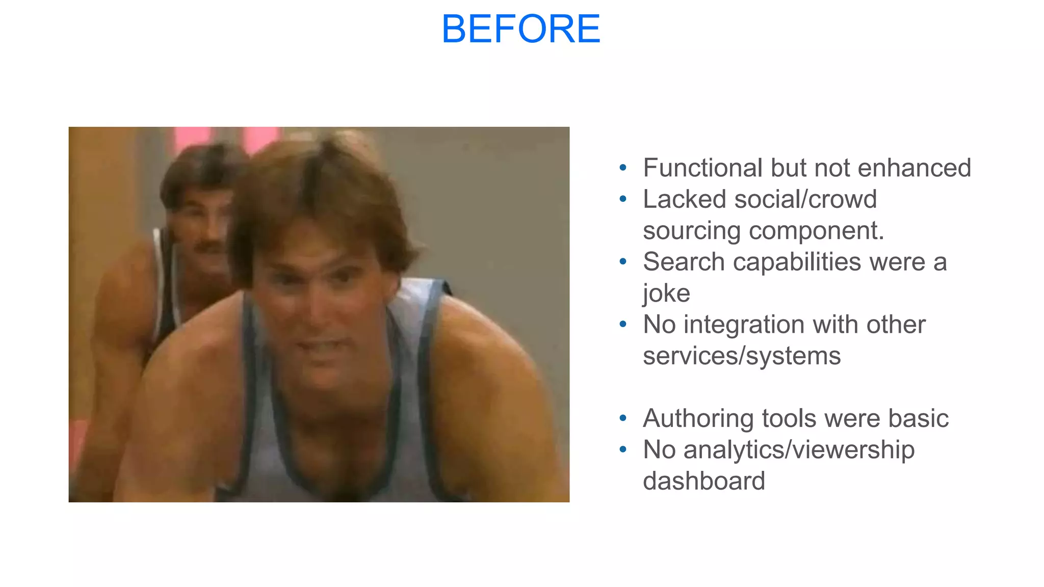 BEFORE
• Functional but not enhanced
• Lacked social/crowd
sourcing component.
• Search capabilities were a
joke
• No integration with other
services/systems
• Authoring tools were basic
• No analytics/viewership
dashboard
 