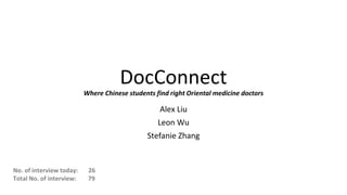 DocConnect 
Where Chinese students find right Oriental medicine doctors 
Alex Liu 
Leon Wu 
Stefanie Zhang 
No. of interview today: 26 
Total No. of interview: 79 
 