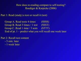 Part 1: Read (study) a text or recall it (test)
Group A. Read texts 4 times (SSSS)
Group B. Read 3 times / 1 test (SSST)
Group C. Read 1 time / 3 tests (STTT)
End of pt. 1 – predict what you will recall one week later
Part 2: Recall text content
- 5 min. later
- 1 week later
How does re-reading compare to self-testing?
Roediger & Karpicke (2006)
 