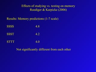 Results: Memory predictions (1-7 scale)
SSSS 4.8
SSST 4.2
STTT 4.0
Not significantly different from each other
Effects of studying vs. testing on memory
Roediger & Karpicke (2006)
 