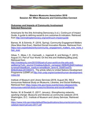 Western Museums Association 2018
Session A2: When Museums and Communities Connect
Outcomes and Impacts of Community Involvement
Selected Resources
Americans for the Arts Animating Democracy (n.d.). Continuum of Impact
Guide: A guide to defining social & civic outcomes & indicators. Retrieved
from http://animatingdemocracy.org/continuum-impact-guide
Barnes, M. & Schmitz, P. (2016, Spring). Community Engagement Matters
(Now More than Ever). Stanford Social Innovation Review. Retrieved from
https://ssir.org/articles/entry/community_engagement_matters_now_more_t
han_ever
Gibas, T., Moss, I. D., Carnwath, J., Ingersoll, K. and Nzinga, F. (2015,
August 31). Part of Your World: On the Arts and Wellbeing [Blog post].
Retrieved from
http://createquity.com/2015/08/part-of-your-world-on-the-arts-and-
wellbeing/?utm_source=Createquity&utm_campaign=809b5fc8ddCreatequi
ty+email+blast&utm_medium=email&utm_term=0_05d97ced75-
809b5fc8dd-291090073 The article refers to United Nations Development
Programme (UDNP) at http://hdr.undp.org/en/content/human-development-
index-hdi
Institute of Museum and Library Services (2018, August 29). IMLS
Announces National Study on Museums, Libraries, and Social Wellbeing.
Retrieved from https://www.imls.gov/news-events/news-releases/imls-
announces-national-study-museums-libraries-and-social-wellbeing
Norton, M. & Dowdall, E. (2017, January). Strengthening networks,
sparking change: Museums and libraries as community catalysts 2016.
Washington, D.C.: Institute of Museum and Library Services. Retrieved
from
https://www.imls.gov/sites/default/files/publications/documents/community-
catalyst-report-january-2017.pdf
 