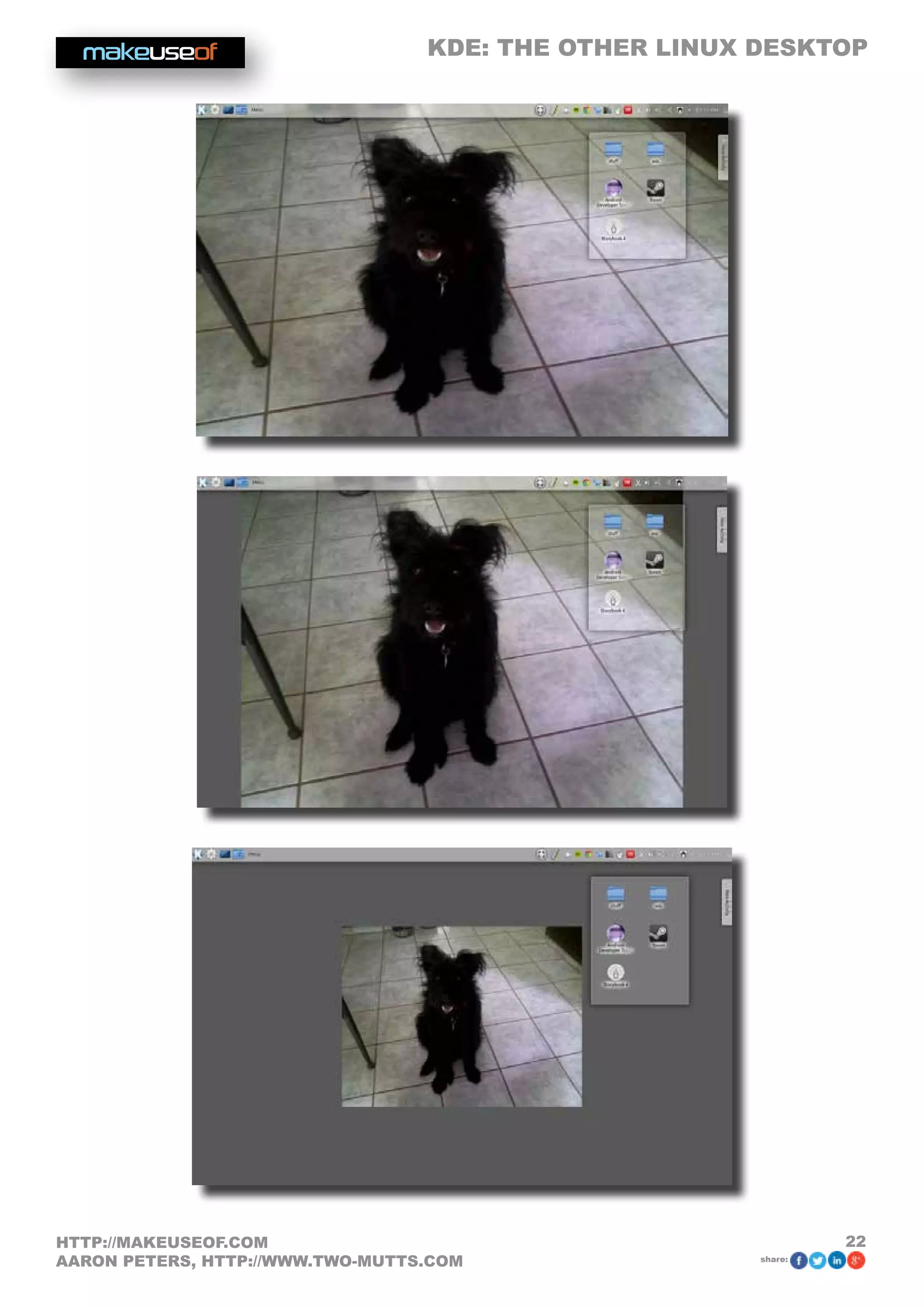 KDE: THE OTHER LINUX DESKTOP
22HTTP://MAKEUSEOF.COM
AARON PETERS, HTTP://WWW.TWO-MUTTS.COM share:
 