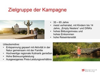 Zielgruppe der Kampagne

                                        • 35 – 65 Jahre
                                        • meist verheiratet, mit Kindern bis 14
                                          Jahre, „Empty Nesters“ und DINKs
                                        • hohes Bildungsniveau und
                                          hohes Einkommen
                                        • hohe Reiseintensität

Urlaubsmotive:
• Entspannung gepaart mit Aktivität in der
   Natur gemeinsam mit der Familie
• Hochwertige regionale Kulinarik genießen
• Hohe Betreuungsleistung
• Ausgewogenes Preis-Leistungsverhältnis
 