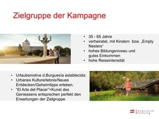 Zielgruppe der Kampagne

                                      • 35 - 65 Jahre
                                      • verheiratet, mit Kindern bzw. „Empty
                                        Nesters“
                                      • hohes Bildungsniveau und
                                        gutes Einkommen
                                      • hohe Reiseintensität


• Urlaubsmotive d.Burguesía establecida:
• Urbanes Kulturerlebnis/Neues
  Entdecken/Geheimtipps erleben.
• “El Arte del Placer”=Kunst des
  Geniessens entsprechen perfekt den
  Erwartungen der Zielgruppe
 