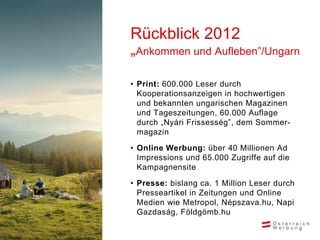 Rückblick 2012
„Ankommen und Aufleben”/Ungarn
• Print: 600.000 Leser durch
  Kooperationsanzeigen in hochwertigen
  und bekannten ungarischen Magazinen
  und Tageszeitungen, 60.000 Auflage
  durch „Nyári Frissesség”, dem Sommer-
  magazin

• Online Werbung: über 40 Millionen Ad
  Impressions und 65.000 Zugriffe auf die
  Kampagnensite

• Presse: bislang ca. 1 Million Leser durch
  Presseartikel in Zeitungen und Online
  Medien wie Metropol, Népszava.hu, Napi
  Gazdaság, Földgömb.hu
 
