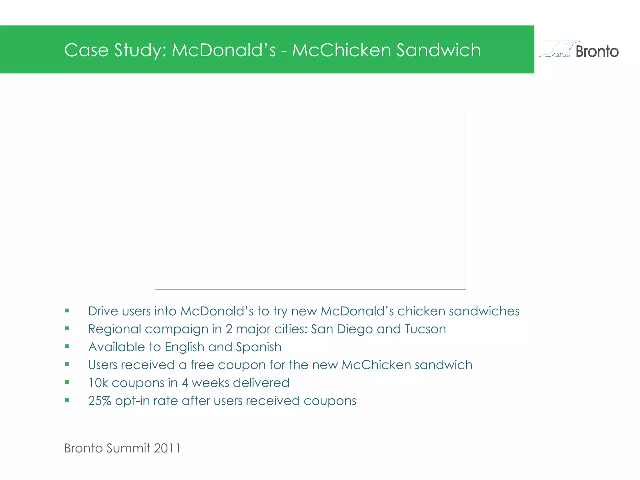 Case Study: McDonald’s - McChicken Sandwich Drive users into McDonald’s to try new McDonald’s chicken sandwiches Regional campaign in 2 major cities: San Diego and Tucson Available to English and Spanish  Users received a free coupon for the new McChicken sandwich 10k coupons in 4 weeks delivered 25% opt-in rate after users received coupons 