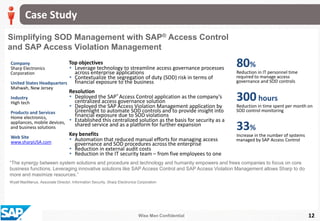 Wise Men Confidential 12
Simplifying SOD Management with SAP® Access Control
and SAP Access Violation Management
Company
Sharp Electronics
Corporation
United States Headquarters
Mahwah, New Jersey
Industry
High tech
Products and Services
Home electronics,
appliances, mobile devices,
and business solutions
Web Site
www.sharpUSA.com
Top objectives
 Leverage technology to streamline access governance processes
across enterprise applications
 Contextualize the segregation of duty (SOD) risk in terms of
financial exposure to the business
Resolution
 Deployed the SAP® Access Control application as the company’s
centralized access governance solution
 Deployed the SAP Access Violation Management application by
Greenlight to automate SOD controls and to provide insight into
financial exposure due to SOD violations
 Established this centralized solution as the basis for security as a
shared service and as a platform for further expansion
Key benefits
 Automation that reduced manual efforts for managing access
governance and SOD procedures across the enterprise
 Reduction in external audit costs
 Reduction in the IT security team – from five employees to one
“The synergy between system solutions and procedure and technology and humanity empowers and frees companies to focus on core
business functions. Leveraging innovative solutions like SAP Access Control and SAP Access Violation Management allows Sharp to do
more and maximize resources.”
Wyatt MacManus, Associate Director, Information Security, Sharp Electronics Corporation
80%
Reduction in IT personnel time
required to manage access
governance and SOD controls
300hours
Reduction in time spent per month on
SOD control monitoring
33%
Increase in the number of systems
managed by SAP Access Control
Case Study
 