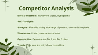 Competitor Analysis
Direct Competitors: Nurserylive, Ugaoo, MyBageecha.
SWOT Analysis:
Strengths: Affordable pricing, wide range of products, focus on Indian plants.
Weaknesses: Limited presence in rural areas.
Opportunities: Expansion into Tier 2 and Tier 3 cities.
Threats: Price wars and entry of new competitors.
 