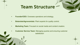 Team Structure
• Founder/CEO: Oversees operations and strategy.
• Botanists/Agronomists: Plant experts for quality control.
• Marketing Team: Focused on social media and content creation.
• Customer Service Team: Managing queries and ensuring customer
satisfaction
 