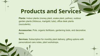 Products and Services
Plants: Indoor plants (money plant, snake plant, pothos), outdoor
garden plants (hibiscus, marigold, tulsi), office desk plants
(succulents).
Accessories: Pots, organic fertilizers, gardening tools, and decorative
items.
Services: Subscription for monthly plant delivery, gifting options with
personalized care notes, plant workshops.
 