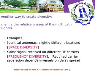 Another way to create diversity:  change the relative phases of the multi path signals Examples: Identical antennas, slightly different locations [ SPACE DIVERSITY ] Same signal received on different RF carriers [ FREQUENCY DIVERSITY ].  Required carrier separation depends inversely on delay spread 