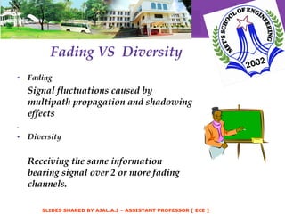 Fading VS  Diversity Fading Signal fluctuations caused by multipath propagation and shadowing effects . Diversity Receiving the same information bearing signal over 2 or more fading channels. 