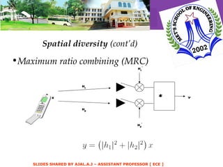 Spatial diversity  (cont’d)   Maximum ratio combining (MRC) h 1 h 2 h 1 * h 2 *  y x 