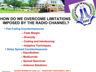 HOW DO WE OVERCOME LIMITATIONS  IMPOSED BY THE RADIO CHANNEL? •  Flat Fading Countermeasures  –  Fade Margin –  Diversity –  Coding and Interleaving –  Adaptive Techniques •  Delay Spread Countermeasures  –  Equalization –  Multicarrier –  Spread Spectrum –  Antenna Solutions  8C32810.104-Cimini-7/98 