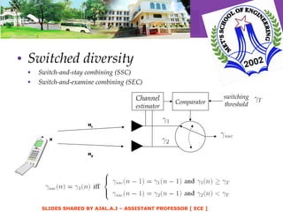 Switched diversity Switch-and-stay combining (SSC) Switch-and-examine combining (SEC) h 1 h 2 x Comparator Channel estimator switching threshold 