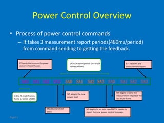 Page21
Power Control Overview
• Process of power control commands
– It takes 3 measurement report periods(480ms/period)
from command sending to getting the feedback.
SA0 SA1SA0 SA0SA1SA1 SA2SA2SA2 SA3SA3SA3
BTS sends the command for power
control in SACCH header.
MS obtains SACCH
block
MS begins to send the
measurement report of the
last multi-frame.
In the 26 multi-frames,
frame 12 sends SACCH.
BTS receives the
measurement report
SACCCH report period: 26X4=104
frames (480ms)
MS adopts the new
power level
MS begins to set up a new SACCH header to
report the new power control message.
 