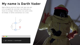 A g o r a M a r t y p r e c i s a f a z e r c o m q u e s e u p a i
c r i e c o r a g e m d e c o n v i d a r s u a m ã e p a r a a
f e s t a n o c o l é g i o . E n t ã o e l e c r i a o u t r a l i n h a
n o t e m p o . E t e n t a c o n v e n c e r - l o a i s t o .
My name is Darth Vader
git	checkout	-b	darthvader
 