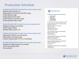 Production Schedule
Facebook Checklist DUE (2 weeks from contract signed date)
Optimize About section, etc.
Design photo for Timeline and profile images
Create Welcome Page
Design Approval from client
Install Timeline and profile images
Install applicable apps to page

Twitter Checklist DUE (2 weeks from contract signed date)
Background design and installed
Profile image installed
Optimize About section, etc.

LinkedIn Checklist DUE (2 weeks from contract signed date)
Optimization of Ellen’s personal profile
Optimization of Company page
Creation of group (after 3-6 mo. of marketing)

YouTube Checklist DUE (2 weeks from contract signed date)
Background image designed and installed
Import any existing videos
Set up playlists
 