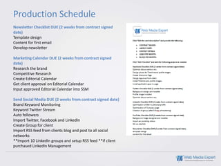 Production Schedule
Newsletter Checklist DUE (2 weeks from contract signed
date)
Template design
Content for first email
Develop newsletter

Marketing Calendar DUE (2 weeks from contract signed
date)
Research the brand
Competitive Research
Create Editorial Calendar
Get client approval on Editorial Calendar
Input approved Editorial Calendar into SSM

Send Social Media DUE (2 weeks from contract signed date)
Brand Keyword Monitoring
Keyword Twitter Stream
Auto followers
Import Twitter, Facebook and LinkedIn
Create Group for client
Import RSS feed from clients blog and post to all social
networks
**Import 10 LinkedIn groups and setup RSS feed **if client
purchased LinkedIn Management
 