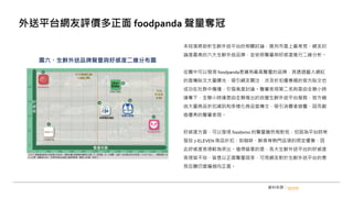 本段落將剖析生鮮外送平台的相關討論，展列市面上最常見、網友討
論度最高的六大生鮮外送品牌，並依照聲量與好感度進行二維分析。
從圖中可以發現 foodpanda是擁有最高聲量的品牌，其透過藝人網紅
的宣傳貼文大量曝光，吸引網友關注，涉及折扣優惠碼的官方貼文也
成功在社群中傳播，引發高度討論。聲量表現第二名則是由全聯小時
達奪下，全聯小時達是由全聯推出的自營生鮮外送平台服務，官方藉
由大量商品折扣資訊和多樣化商品宣傳文，吸引消費者迴響，因而創
造優秀的聲量表現。
好感度方面，可以發現 foodomo 的聲量雖然相對低，但因為平台時常
發放 7-ELEVEN 商品折扣，如咖啡、鮮食等熱門品項的限定優惠，因
此好感度表現較為突出。值得留意的是，各大生鮮外送平台的好感度
表現皆不俗，皆是以正面聲量居多，可見網友對於生鮮外送平台的意
見反饋仍普遍傾向正面。
外送平台網友評價多正面 foodpanda 聲量奪冠
資料來源：opview
圖六、生鮮外送品牌聲量與好感度二維分布圖
 