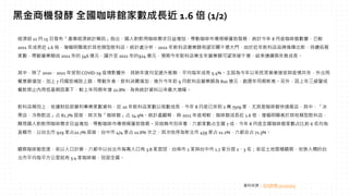 經濟部 11 月 15 日發布「產業經濟統計簡訊」指出，國人對飲用咖啡需求日益增加，帶動咖啡市場規模蓬勃發展，統計今年 8 月底咖啡館數量，已較
2011 年成長近 1.6 倍，增幅明顯高於其他類型飲料店。統計處分析，2022 年飲料店營業額有望叩關千億大門，由於近年飲料店品牌推陳出新，持續拓展
家數，帶動營業額由 2011 年的 546 億元，躍升至 2021 年的924 億元，預期今年飲料店業全年營業額可望突破千億，結束連續兩年負成長。
其中，除了 2020、2021 年受到 COVID-19 疫情影響外，其餘年度均呈遞升態勢，平均每年成長 5.4%。主因為今年以來民眾漸漸接受與疫情共存，外出用
餐意願增加，加上 7 月國旅補助上路，帶動外食、飲料消費增加，推升今年前 9 月飲料店營業額為 810 億元，創歷年同期新高。另外，因上年三級警戒
餐飲禁止內用低基期因素下，較上年同期年增 22.8%，為有統計資料以來最大增幅。
飲料店類別上，依據財政部營利事業家數資料，近 10 年飲料店家數以倍數成長，今年 8 月底已來到 2 萬 7509 家，尤其是咖啡館快速展店，其中，「冰
果店、冷熱飲店」占 81.7% 居首，其次為「咖啡館」占 14.9%。統計處觀察，與 2011 年底相較，咖啡館成長近 1.6 倍，增幅明顯高於其他類型飲料店，
顯見國人對飲用咖啡需求日益增加，帶動咖啡市場規模蓬勃發展。另就縣市別來看，六都家數占全國 7 成，今年 8 月底全國咖啡館家數占比前 6 名均為
直轄市，以台北市 929 家占22.7% 居首、台中市 474 家占 11.6% 次之，其次依序為新北市 459 家占 11.2%，六都合占 71.3%。
觀察咖啡館密度，若以人口計算，六都中以台北市每萬人口有 3.8 家居冠，台南市 2 家與台中市 1.7 家分居 2、3 名；若從土地面積觀察，地狹人稠的台
北市平均每平方公里就有 3.4 家咖啡館，冠居全國。
資料來源：自由時報 2022/11/15
黑金商機發酵 全國咖啡館家數成長近 1.6 倍 (1/2)
 
