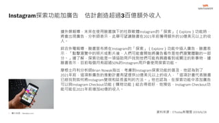 • 圖片來源：Needpix.com
據外媒報導，未來在使用臉書旗下的社群軟體Instagram的「探索」（Explore）功能時，
將會出現廣告，分析師表示，此舉可望讓臉書在2021年前獲得額外的10億美元以上的收
入。
綜合外電報導，臉書宣布將在Instagram的「探索」（Explore）功能中插入廣告，臉書表
示，「點擊瀏覽中的照片或影片後，人們可能會開始將廣告看作是他們瀏覽體驗的一部
分。」據了解，探索功能是一項協助用戶找到他們可能有興趣看到或關注的新事物，據
臉書表示，目前每個月有超過50%的Instagram用戶會使用探索功能。
摩根士丹利分析師Brian Nowak指出，考慮到Instagram探索功能的普及，他認為到了
2021年前，這項新廣告的推動計畫有望提供10億美元以上的收入，「這項計畫代表臉書
已經找到如何將Instagram變現和延長盈利的方法。」他也認為，在探索功能中添加廣告
可以與Instagram Checkout功能（購物功能）結合得很好，他預估，Instagram Checkout功
能可能在2021年前增加40億的收入。
Instagram探索功能加廣告 估計創造超過3百億額外收入
資料來源：ETtoday新聞雲 2019/6/28
 