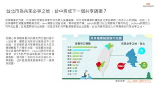 而關心共享機車動向的網友們也會討論下
一站在哪，擴區的消息往往會造成不小的
討論，但多數希望共享機車能設在大眾交
通運輸較不方便的地區，或是觀光地區，
而在各個熱門縣市中，i-Buzz口碑分析技術
發現，前9大熱門討論地點都已有共享機
車進駐，唯有第十名的台中尚未有任何一
家進駐，也許這是業者該瞄準的下一塊共
享版圖。
台北市為兵家必爭之地，台中將成下一個共享版圖？
共享機車的方便，往往讓民眾期待自家附近也納入營運範圍，因此共享機車的擴區往往會在網路上造成不小的討論，而前三大
共享機車的營運版圖略有不同，iRent將重心放在台南，集中經營市場；WeMo則是以台北高雄兩大縣市為主；GoShare則是從公
司所在位置：從桃園開始向北拓區。但這三者的共同點便是都在台北設點，台北市儼然是三大共享機車的兵家必爭之地。
資料來源：i-Buzz 網路口碑研究中心
 