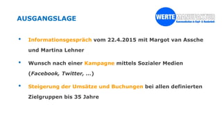 AUSGANGSLAGE
• Informationsgespräch vom 22.4.2015 mit Margot van Assche
und Martina Lehner
• Wunsch nach einer Kampagne mittels Sozialer Medien
(Facebook, Twitter, …)
• Steigerung der Umsätze und Buchungen bei allen definierten
Zielgruppen bis 35 Jahre
 