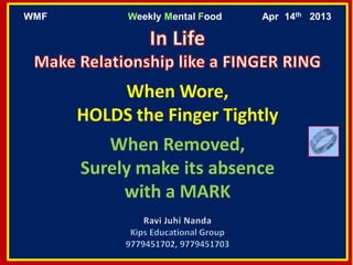 A
WMF Weekly Mental Food Apr 14th 2013
When Wore,
HOLDS the Finger Tightly
When Removed,
Surely make its absence
with a MARK
 