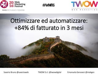 Ottimizzare ed automatizzare:
+84% di fatturato in 3 mesi
Saverio Bruno @saverioweb TWOW S.r.l. @twowdigital Emanuela Genovesi @mekgen
 