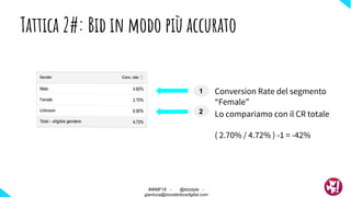 Tattica 2#: Bid in modo più accurato
1 Conversion Rate del segmento
“Female”
2 Lo compariamo con il CR totale
( 2.70% / 4.72% ) -1 = -42%
#WMF18 - @ktzstyle -
gianluca@boosterboxdigital.com
 