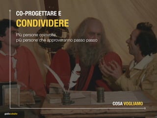 CO-PROGETTARE E 
CONDIVIDERE
Più persone coinvolte, 
più persone che approveranno passo passo
COSA VOGLIAMO
 