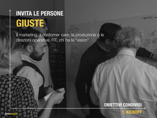 OBIETTIVI CONDIVISI
1. KICKOFF
INVITA LE PERSONE 
GIUSTE
il marketing, il customer care, la produzione o le
direzioni operative, l’IT, chi ha la “vision”
 
