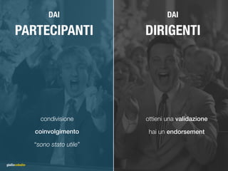 DAI
PARTECIPANTI
DAI
DIRIGENTI
ottieni una validazione
hai un endorsement
condivisione
coinvolgimento
“sono stato utile”
 