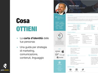 Cosa 
OTTIENI
๏ La carta d’identità delle
tue personas
๏ Una guida per strategia
di marketing,
comunicazione,
contenuti, linguaggio
Michele Rossi
"Imprenditore dinamico, di successo"
Vicenza
42 anni
Michele ha 42 anni, vive a Vicenza. Ha ereditato dal padre l'azienda che era del nonno, la gestisce co
ambizioni di carriera diﬀerenti.
E' sposato, con una ﬁglia. Parla ﬂuentemente inglese ed è laureato in storia dell'arte. Ha una sorella
condivide la gestione dell'azienda, mantenendone però il controllo. Viaggia molto, sia per lavoro ch
a prendere decisioni più sulla base dell'esperienza che sulla base di dati oggettivi.
BREVE BIOGRAFIA
QUANTO SONO IMPORTANTI I VALORI DEL PRODOTTO/SERVIZIO
FACILE FORMARE
PERSONE IN AZIENDA
CONFRONTO PREV. /CONS. CO
SEMPLICITÀ UX
REPORTISTICA
INTEGRAZIONE CON ALTRI SISTEMI
CONTROLLO DIREZIONALE
REAL TIME
DATI PRECISI
EF
ATTITUDINI E PERSONALITÀ
• Il mercato si muove molto
rapidamente
• Il mercato estero è in crescita così
come il fatturato
• L'azienda produce in qualità
• Ogni persona ha una responsabilità
per la sua area di competenza
• Picchi di produzione stagionali
• Carenza formativa in alcune
persone
COSA VEDE
• Studio altre aziende per avere
spunti innovativi
• I bisogni del mercato
• La sorella (i suoi pari)
• Le opinioni dei dipendenti sono
importanti
• IT manager, ma solo sul fronte
tecnologico
• Il responsabile di produzione
COSA ASCOLTA
• Non riesc
avere l'ul
• Voglio es
l'azienda
• Il problem
nell'organ
• E' compli
• Non mi in
preferisco
• Ho bisogn
dell'azien
COSA PENSA
• Seguo il marketing e la vendita
• Far crescere l'estero
• Far crescere l'organizzazione
• Viaggio molto
• Controllo l'azienda
• Gestire i lavoratori stagionali
• Formazione e aggiorna
• Faccio scelte e valutaz
• Organizzo Fiere ed eve
• Innovazione continua
• Produciamo alcune pa
• Produciamo in serie
IL SUO MONDO: COSA DICE E COSA FA
• Vedere clienti soddisfatti
• Ottenere riconoscimenti
• Azienda leader
• Indipendenza dell'azienda da me
• € - fatturato
• Qualità ed eﬃcienza
• Essere al passo con l'evoluzione del mercato
• Avere dati certi e oggettivi
GAIN (OBIETTIVI, BISOGNI)
• Paura di perdere quot
• E' diﬃcile dirigere le p
• Non riesco a delegare
• Ho paura di non saper
• Decidere sulla base di
• I dati arrivano tardi
• Voglio capire dove son
• Spreco - Scarti
PAIN (FRUSTRAZIONI)
"CO-WORKING" PUBLIC RELATIONFIERE & EVENTI
TOUCHPOINTS / CANALI
LEADERSHIP
VISION
CONTROLLO DELEGA
CRESCITA
COMUNICAZIONE
ETICA SUCCESSO
SOLDI RELAZIONI
Crescere per
diventare leader di
settore
70%
TECHNOLOGY
Usa internet per aggiornarsi ma
non è un esploratore del web. Il
suo iPhone7 lo accompagna in
tutte le riunioni ma gli appunti
sono rigorosamente sull'agenda.
BRAND
INFLUENCERS
i competitor
il mercato
la sorella (i suoi pari)
i dipendenti
IT Manager
 