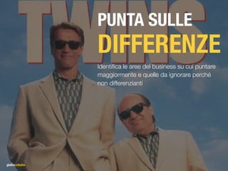PUNTA SULLE
DIFFERENZE
Identiﬁca le aree del business su cui puntare
maggiormente e quelle da ignorare perché
non differenzianti
 