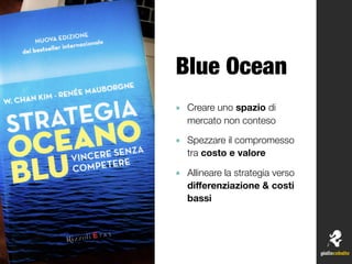 Blue Ocean
๏ Creare uno spazio di
mercato non conteso
๏ Spezzare il compromesso
tra costo e valore
๏ Allineare la strategia verso
diﬀerenziazione & costi
bassi
 