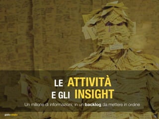 Un milione di informazioni, in un backlog da mettere in ordine
LE ATTIVITÀ 
E GLI INSIGHT
 