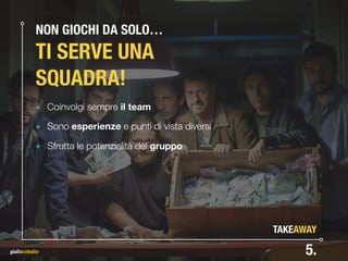 NON GIOCHI DA SOLO… 
TI SERVE UNA
SQUADRA!
๏ Coinvolgi sempre il team
๏ Sono esperienze e punti di vista diversi
๏ Sfrutta le potenzialità del gruppo
5.
TAKEAWAY
 