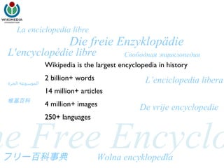 Wikipedia is the largest encyclopedia in history 2 billion+ words 14 million+ articles 4 million+ images 250+ languages The Free Encyclopedia La enciclopedia libre Die freie Enzyklopädie Wolna encyklopedia De vrije encyclopedie الموسوعة الحرة L'encyclopédie libre Свободная энциклопедия 维基百科 フリー百科事典 L’enciclopedia libera 