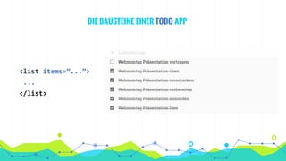 <list items=”...”>
...
</list>
DIE BAUSTEINE EINER TODO APP
 
