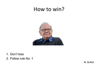 How to win?
1. Don’t lose
2. Follow rule No. 1
W. Buffett
 