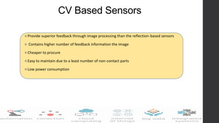 CV Based Sensors
Provide superior feedback through image processing than the reflection-based sensors
 Contains higher number of feedback information the image
Cheaper to procure
Easy to maintain due to a least number of non-contact parts
Low power consumption
 