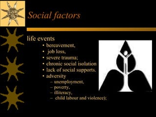 Social factors  life events bereavement, job loss,  severe trauma;  chronic social isolation lack of social supports. adversity  unemployment,  poverty,  illiteracy, child labour and violence);  