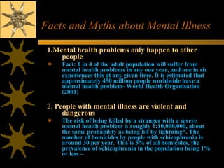 Facts and Myths about Mental Illness 1.Mental health problems only happen to other people   Fact: 1 in 4 of the adult population will suffer from mental health problems  in any one year, and one in six experiences this at any given time. It is estimated that approximately 450 million people worldwide have a mental health problem- World Health Organisation (2001)  2.  People with mental illness are violent and dangerous   The risk of being killed by a stranger with a severe mental health problem is roughly 1:10,000,000, about the same probability as being hit by lightning*. The number of homicides by people with schizophrenia is around 30 per year. This is 5% of all homicides, the prevalence of schizophrenia in the population being 1% or less –  
