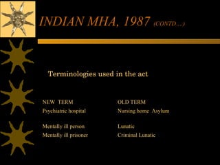 INDIAN MHA, 1987  (CONTD….)   Terminologies used in the act NEW  TERM OLD TERM Psychiatric hospital Nursing home  Asylum Mentally ill person Lunatic Mentally ill prisoner Criminal Lunatic 