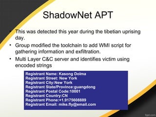 ShadowNet APT
• This was detected this year during the tibetian uprising
day.
• Group modified the toolchain to add WMI script for
gathering information and exfiltration.
• Multi Layer C&C server and identifies victim using
encoded strings
Registrant Name: Kasong Dolma
Registrant Street: New York
Registrant City:New York
Registrant State/Province:guangdong
Registrant Postal Code:10001
Registrant Country:CN
Registrant Phone:+1.9175608889
Registrant Email: mike.fly@email.com
 