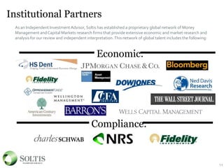 Institutional Partners
As an Independent InvestmentAdvisor, Soltis has established a proprietary global network of Money
Management andCapital Markets research firms that provide extensive economic and market research and
analysis for our review and independent interpretation.This network of global talent includes the following:
Compliance:
Economic:
11
 